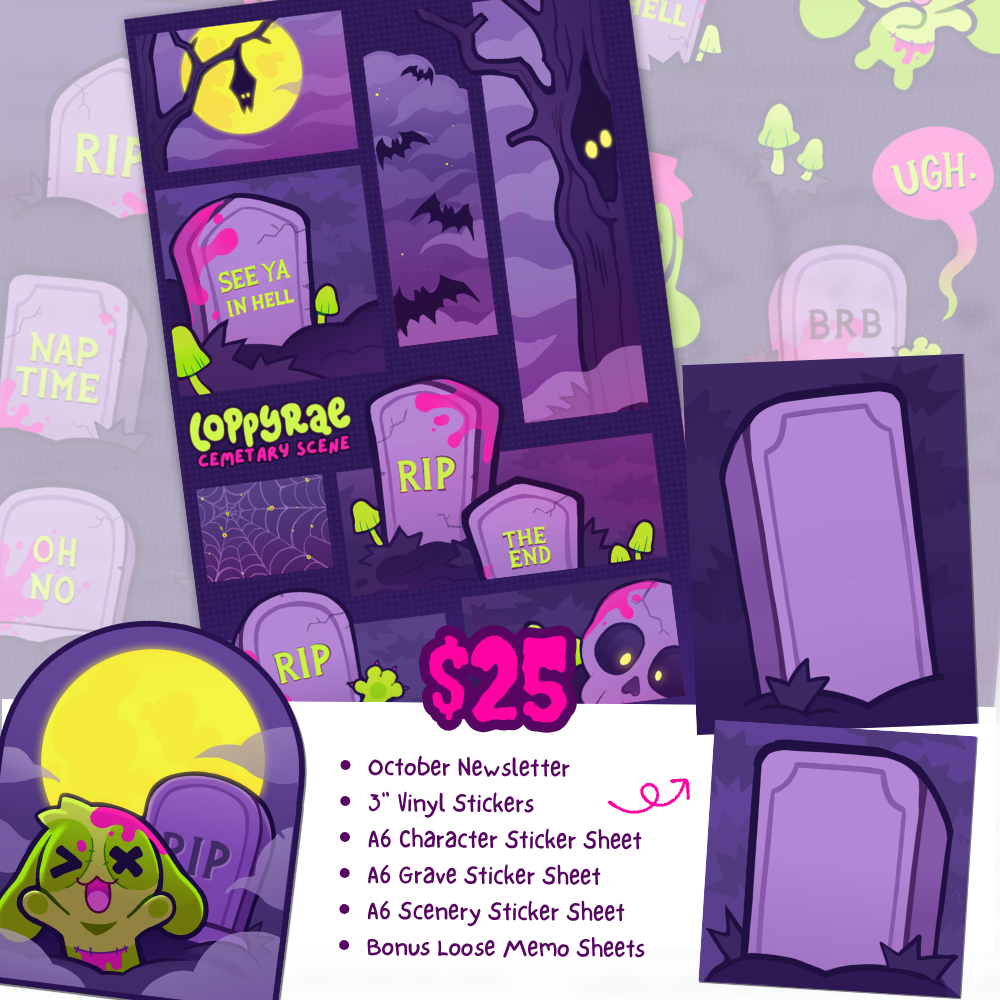 A set of Halloween-themed sticker sheets featuring a green and pink zombie character.
Text reads: "$25 Tier: October Newsletter, 3" Vinyl Sticker, A6 Character Sticker Sheet, A6 Grave Sticker Sheet, A6 Scenery Sticker Sheet, Bonus Loose Memo Sheets"