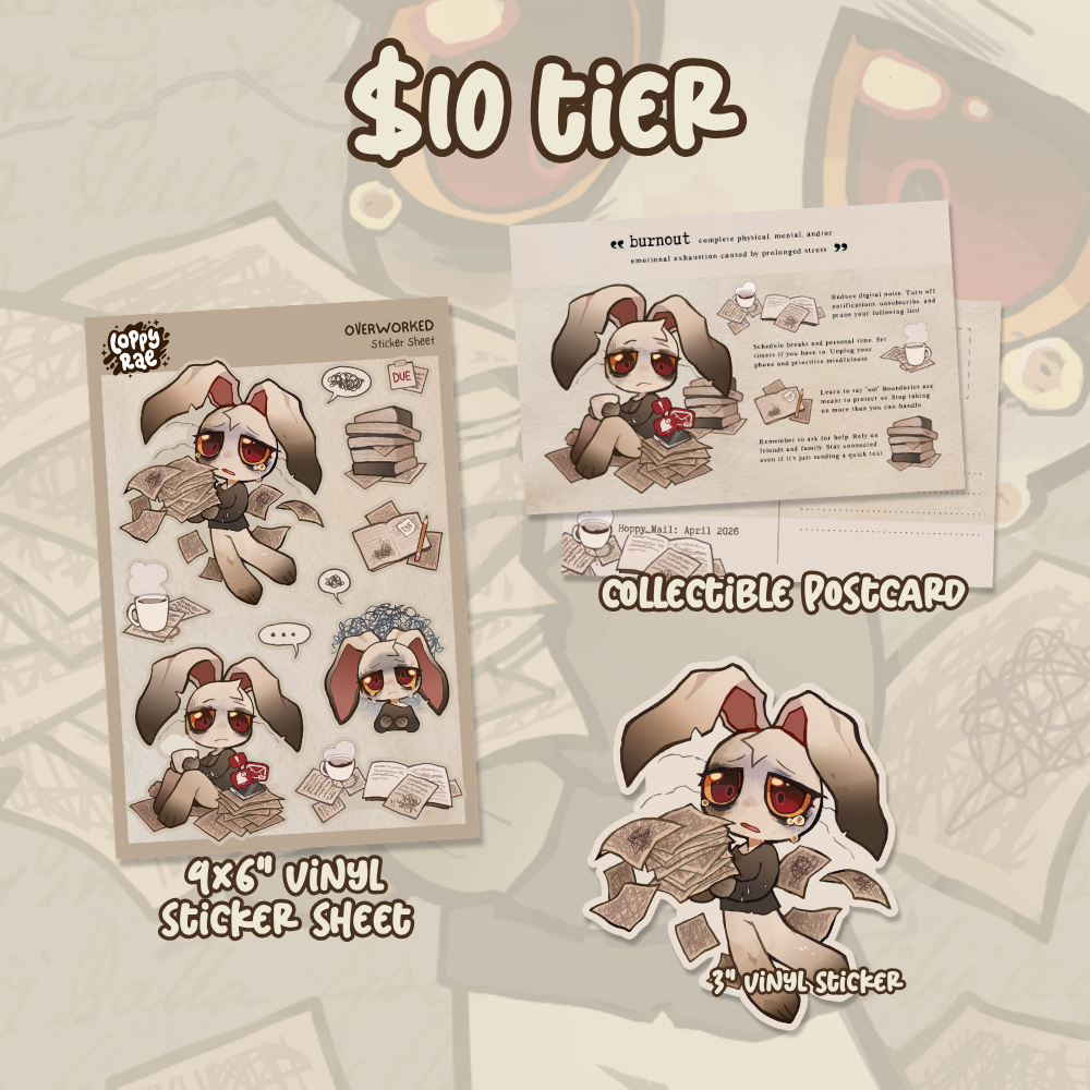 Promotional image for April Hoppy Mail Club showcasing a collectible postcard, a sticker sheet, and a vinyl sticker describing the effects of burnout featuring a greyish brown anthro rabbit character.