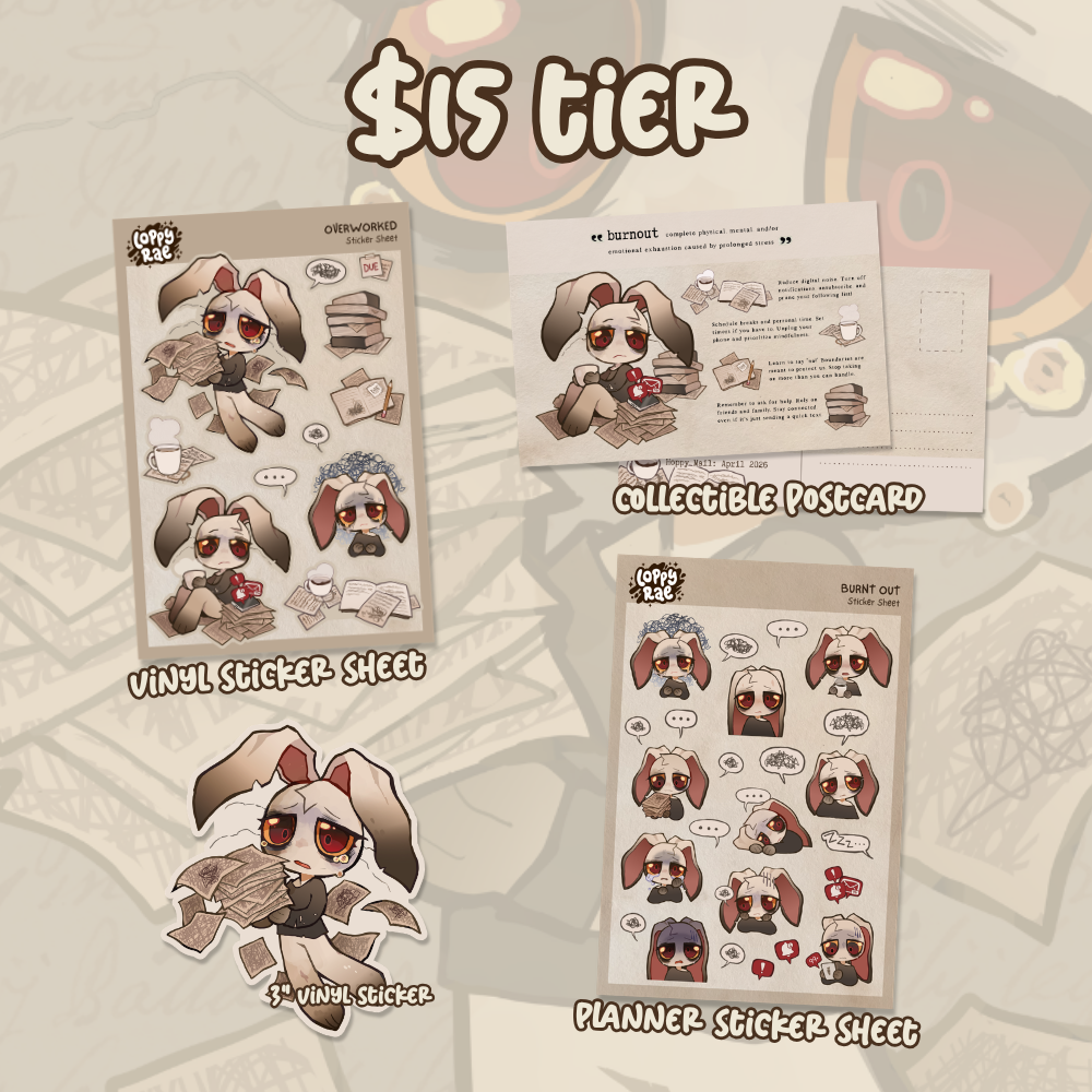 Promotional image for April Hoppy Mail Club showcasing a collectible postcard, two sticker sheets, and a vinyl sticker describing the effects of burnout featuring a greyish brown anthro rabbit character.