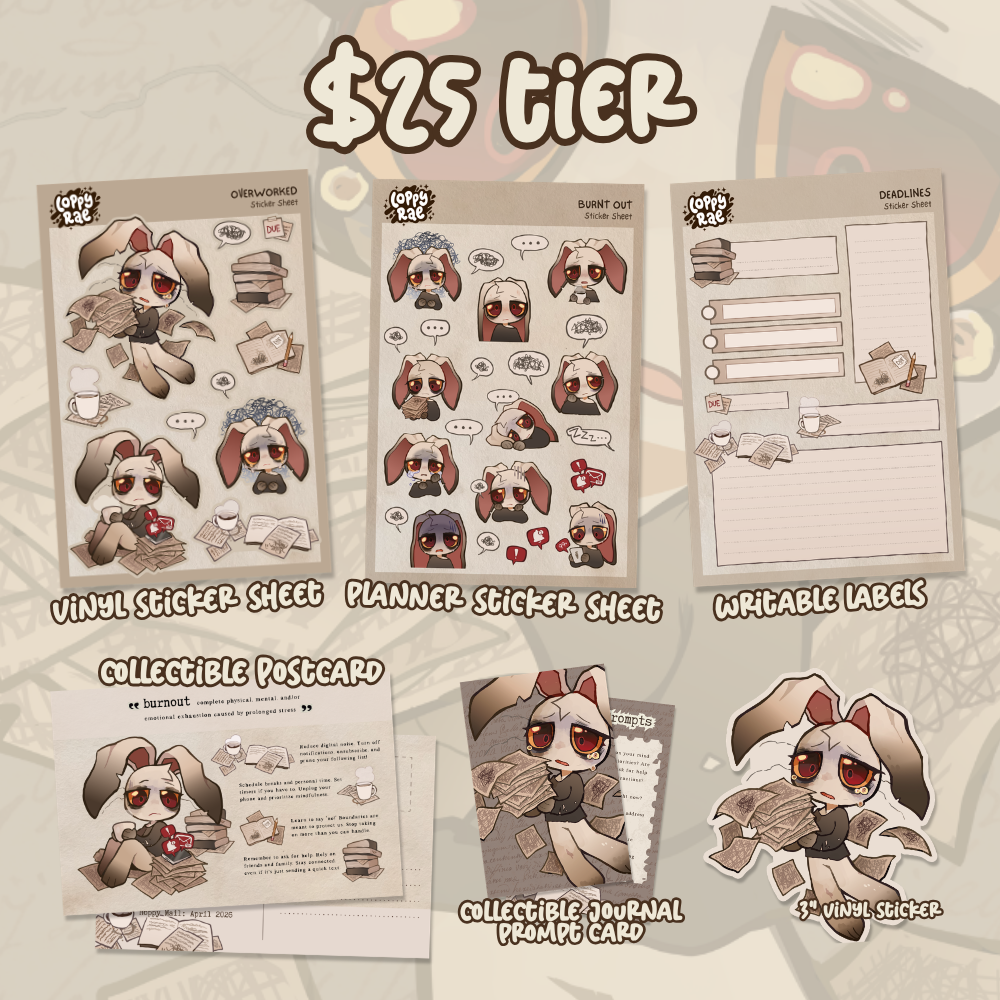 Promotional image for April Hoppy Mail Club showcasing a collectible postcard, three sticker sheets, a journal prompt card, and a vinyl sticker describing the effects of burnout featuring a greyish brown anthro rabbit character.