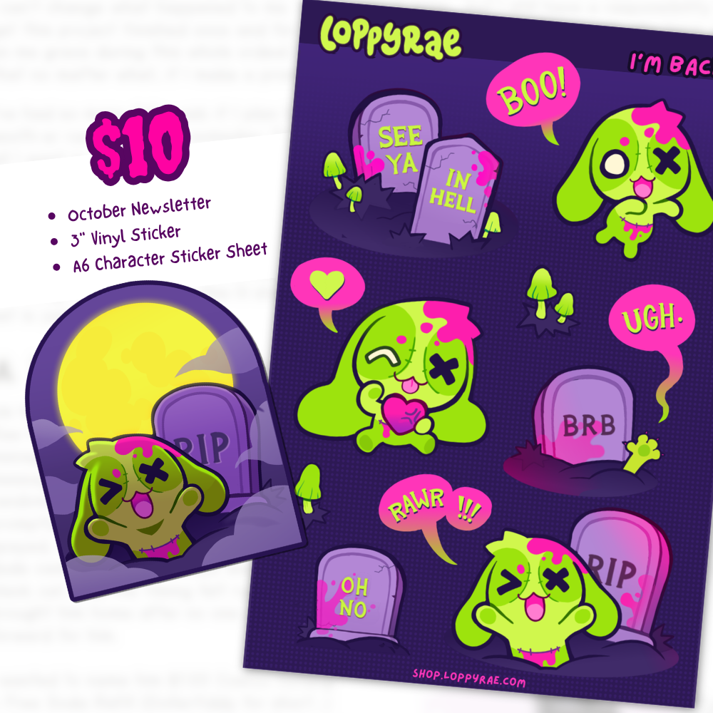 A set of Halloween-themed stickers featuring a green and pink zombie character.

Text reads: "$10 Tier: October Newsletter, 3" Vinyl Sticker, A6 Character Sticker Sheet"