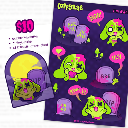 A set of Halloween-themed stickers featuring a green and pink zombie character.

Text reads: "$10 Tier: October Newsletter, 3" Vinyl Sticker, A6 Character Sticker Sheet"