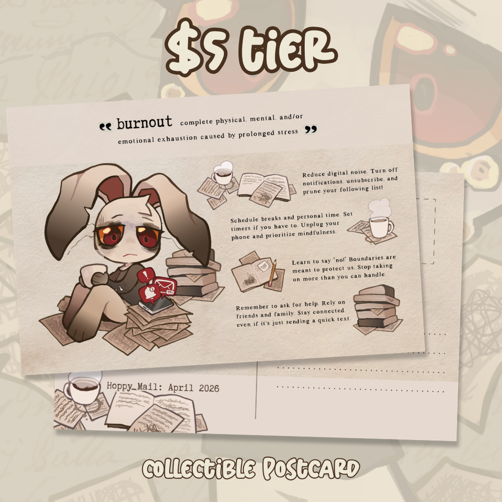 Promotional image for April Hoppy Mail Club showcasing a collectible postcard describing the effects of burnout with a greyish brown anthro rabbit character.