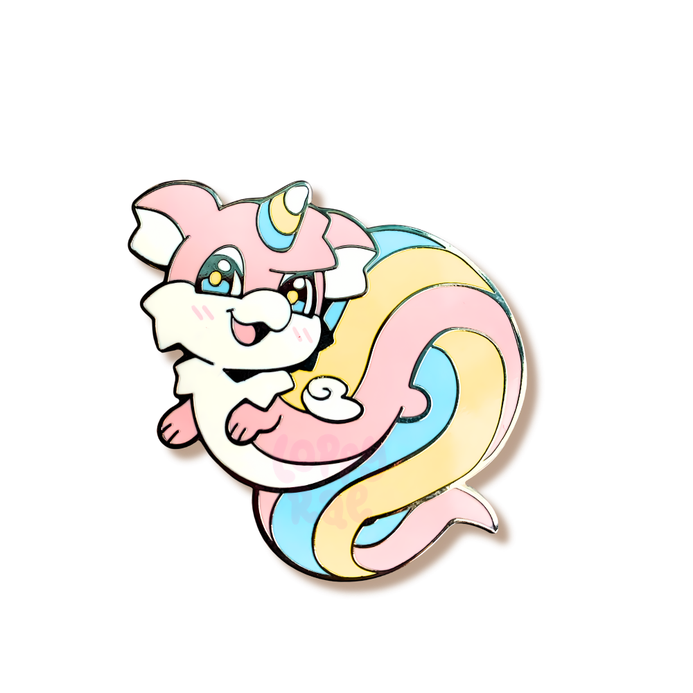 Colorful cartoon dragon pin with a rainbow tail on a white background