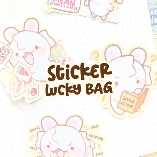 Text "Sticker Lucky Bag" over faded photo of bunny stickers on a light background
